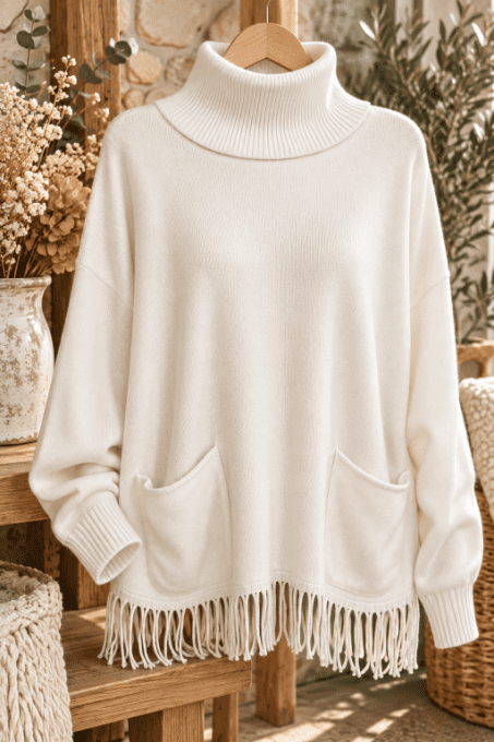 Pull col roulé et franges ECRU