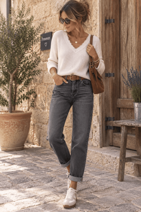 Jean gris MOM + ceinture