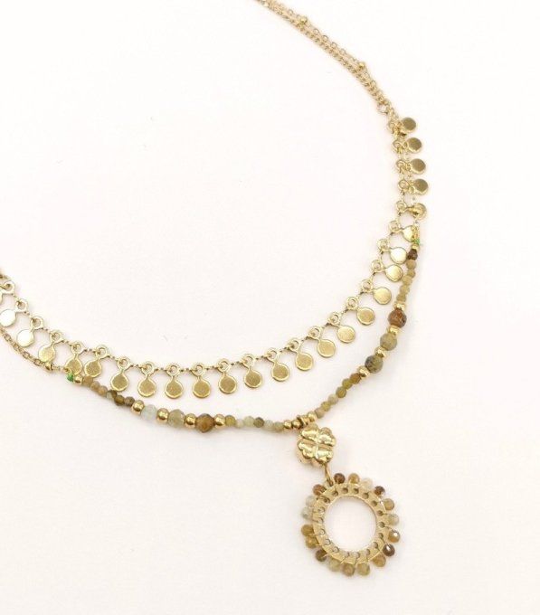 Collier Double Rang pierre Naturelle et pendentif