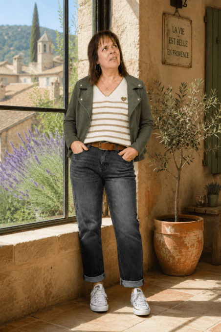 Jean gris MOM + ceinture