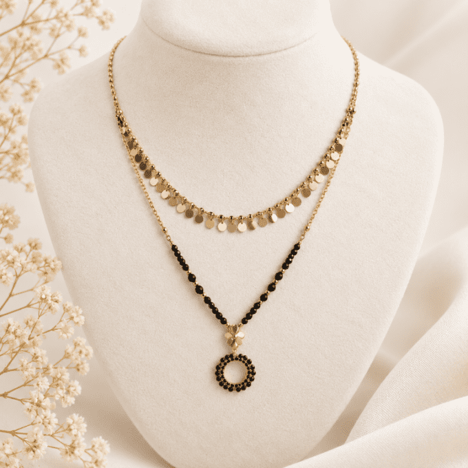 Collier Double Rang pierre Naturelle et pendentif