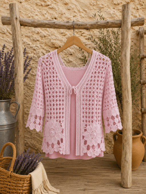 Gilet crochet fleurs ROSE CLAIR
