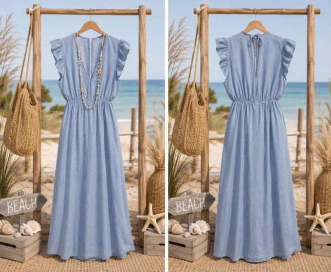 Robe longue dos ouvert TENCEL BLEU CLAIR
