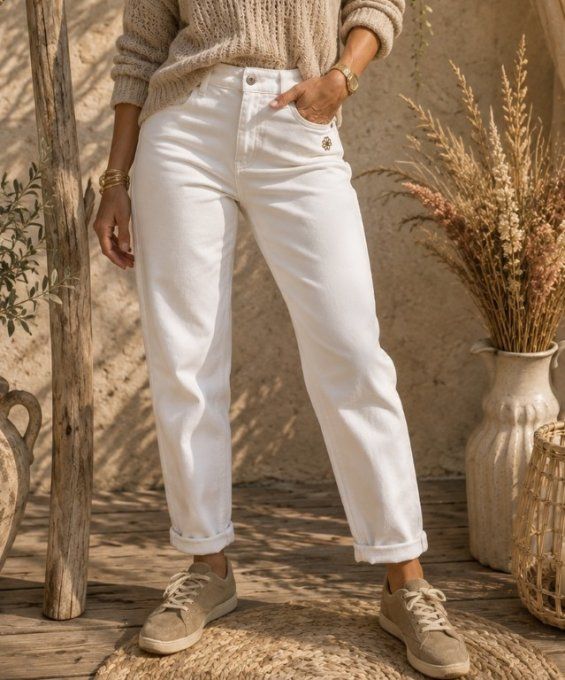 Jean Mom FLORE BLANC