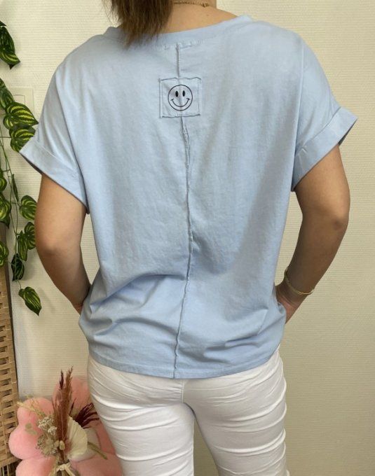 Tee-shirt dos SMILEY BLEU CIEL