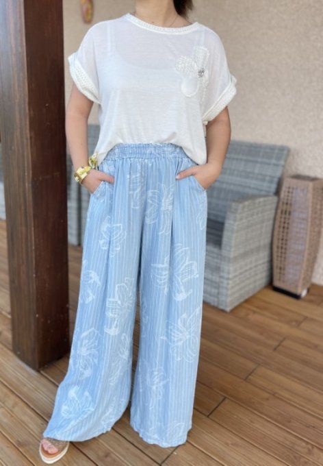 Pantalon FLEURS BLEU JEAN CLAIR
