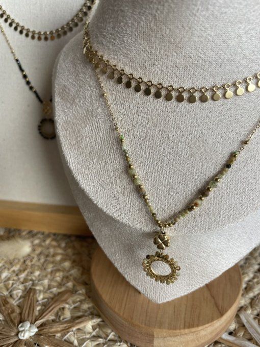 Collier Double Rang pierre Naturelle et pendentif