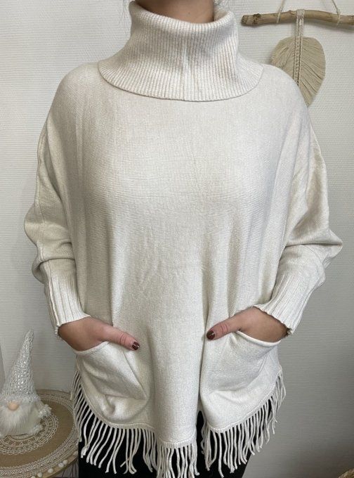 Pull col roulé et franges ECRU