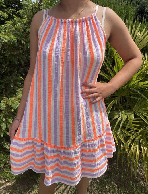 Robe gaze de coton rayée bretelles  